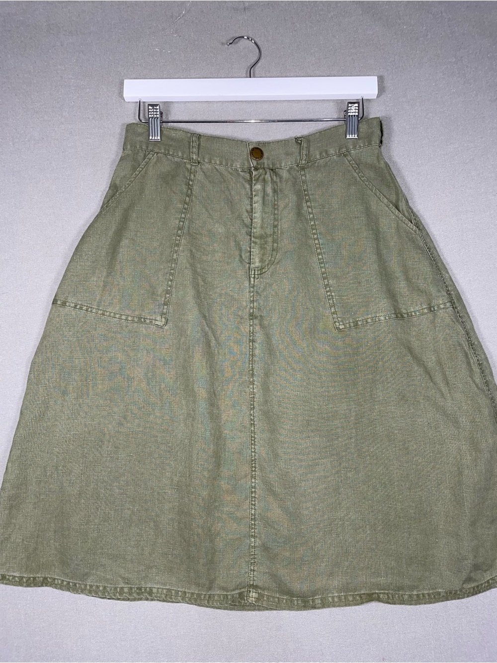 Artisan NY Olive Green 100% Linen Midi Skirt Size 6 Porkchop Pockets A-Line